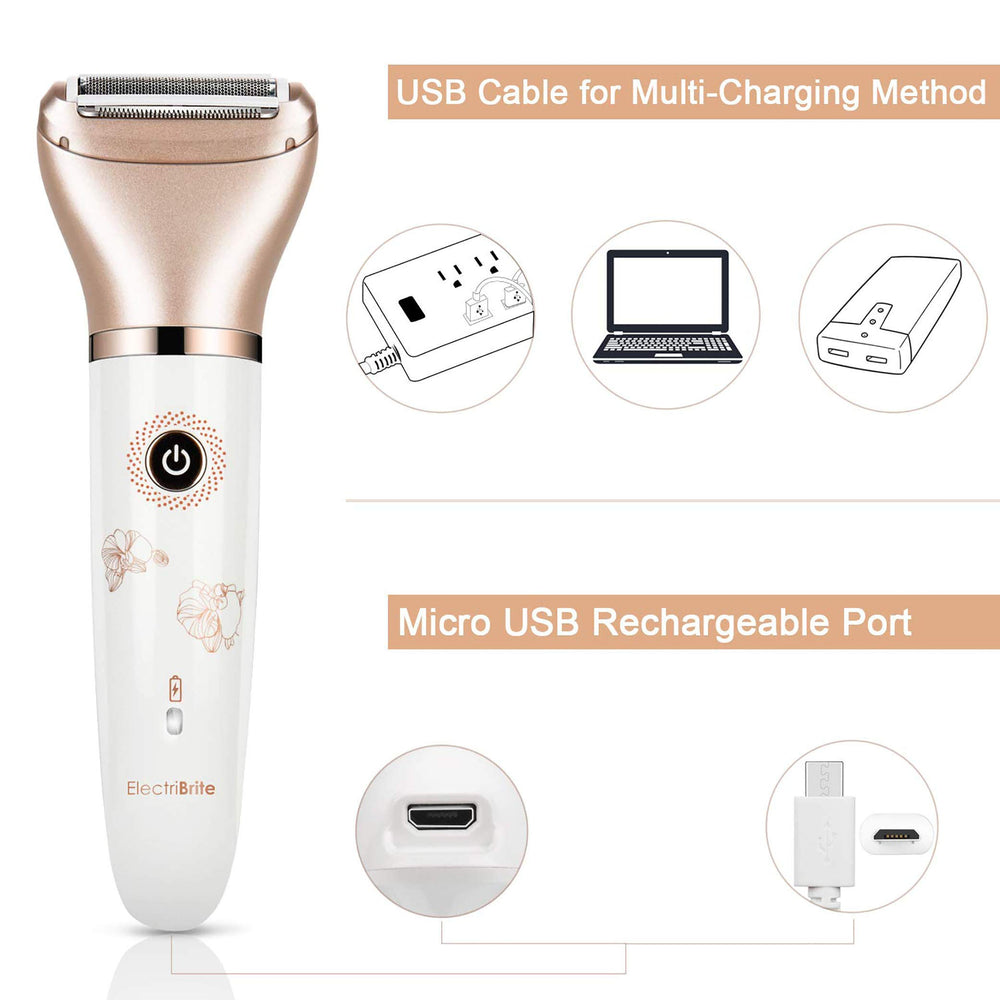 ElectriBrite interchangeable heads with body trimmer, versatile 2-in-1 performance.
