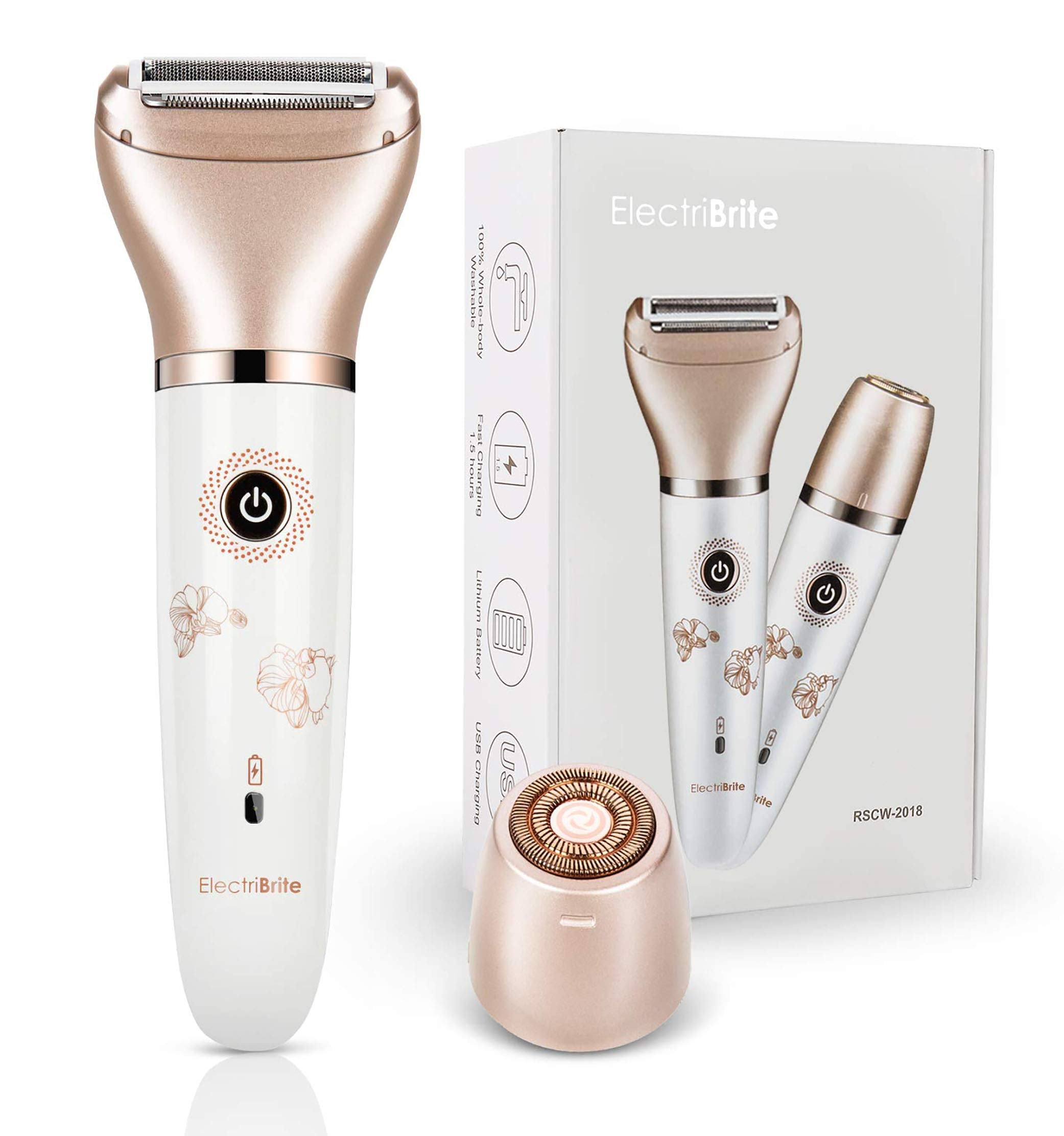 ElectriBrite electric razor for women, face close-up, painless shaving for sensitive skin.