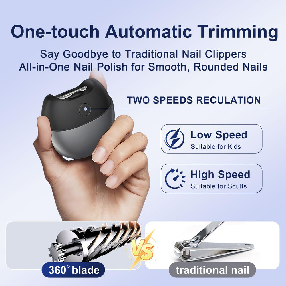 Electric Nail Clippers nail-dust-bin emphasizes mess-free trims with debris collection.