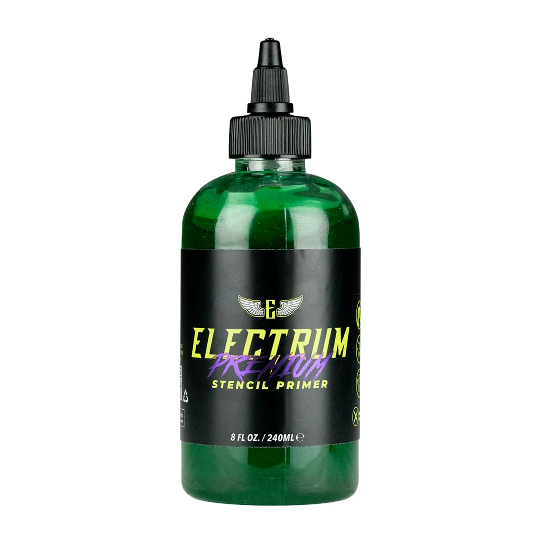 Electrum tattoo stencil gel 8oz bottle displays bold transfers for durable stencils.