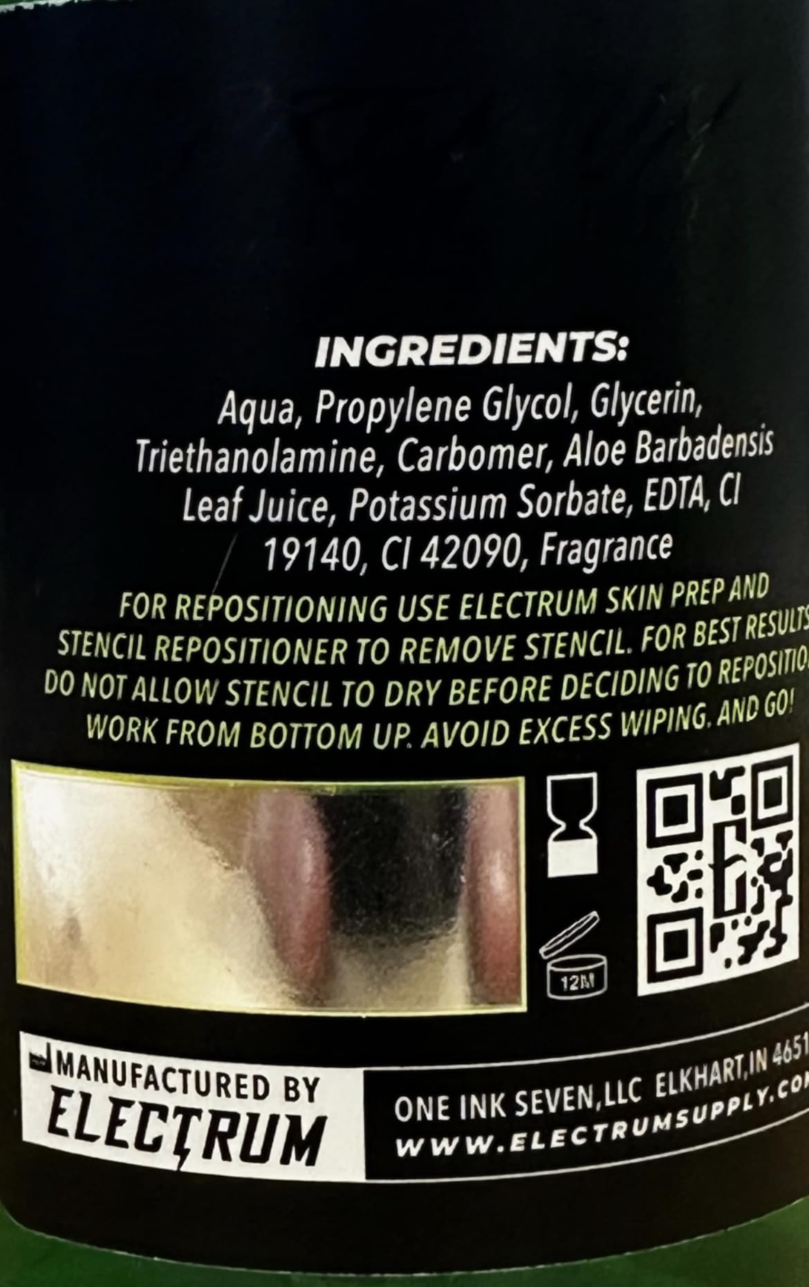 Electrum vegan stencil primer on skin emphasizes non-toxic, skin-friendly formula.