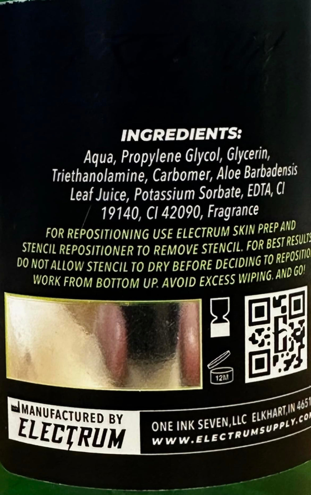 Electrum vegan stencil primer on skin emphasizes non-toxic, skin-friendly formula.