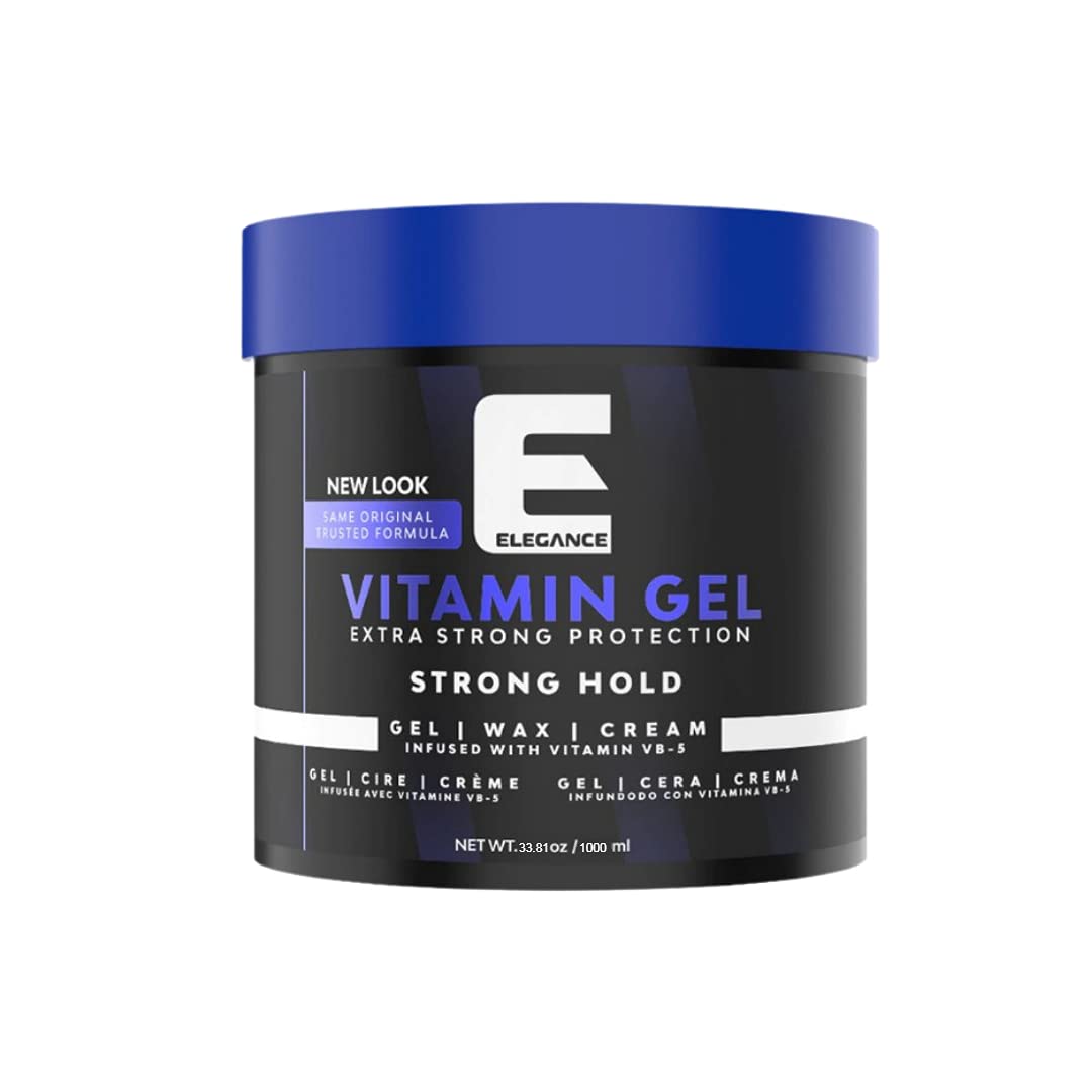 E Elegance Vitamin Gel bottle front demonstrates strong hold for all-day style.