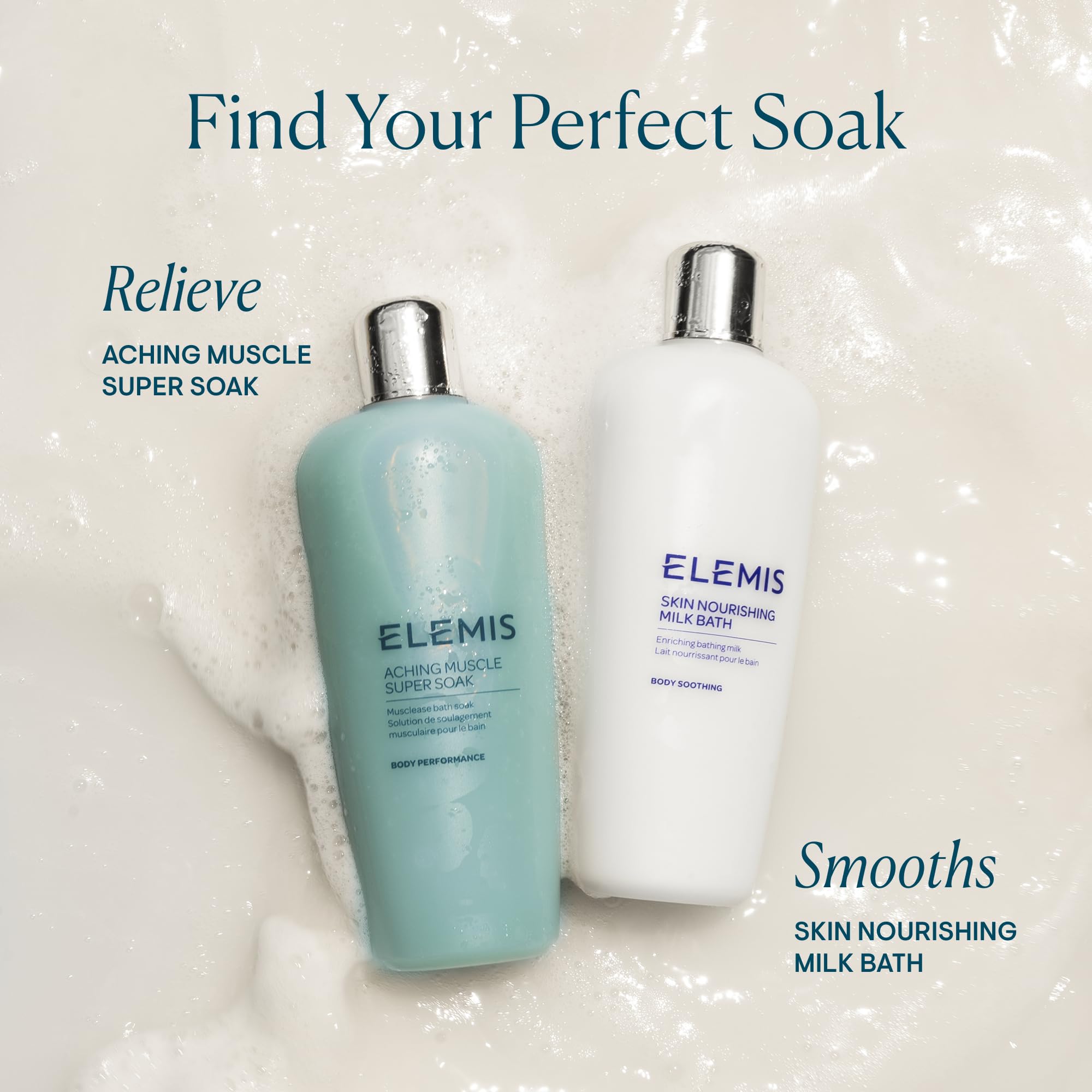 Rosemary sprigs with ELEMIS Aching Muscle Super Soak label for aromatic warmth easing tension.