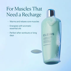 Close-up of ELEMIS Aching Muscle Super Soak label with rosemary and thyme aroma for relaxation.