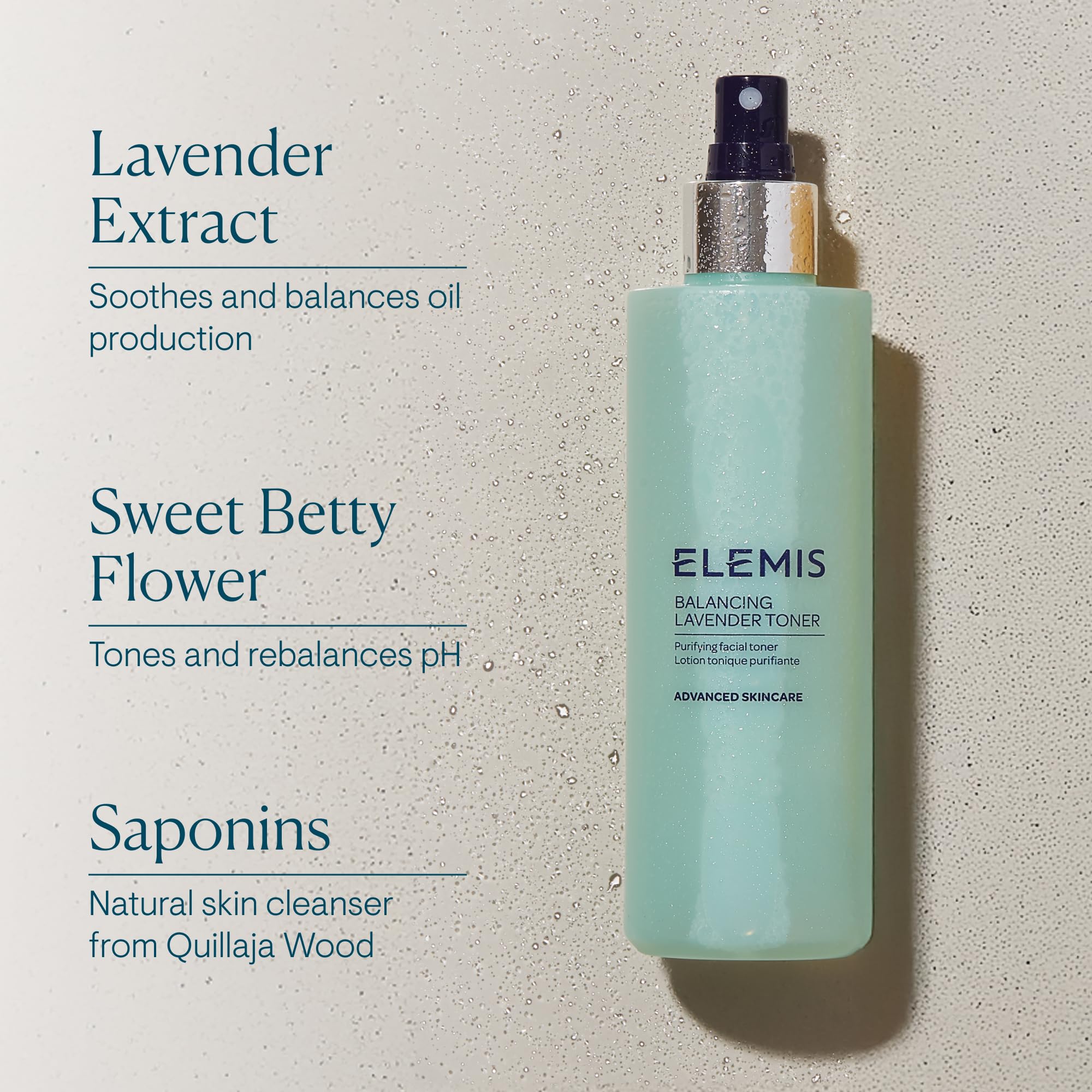 Elemis Balancing Toner alcohol-free label close-up communicates gentle skin care.
