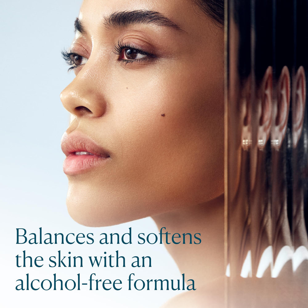 Elemis Balancing Toner bottle pour demonstrates gentle, refreshing application for combination skin.