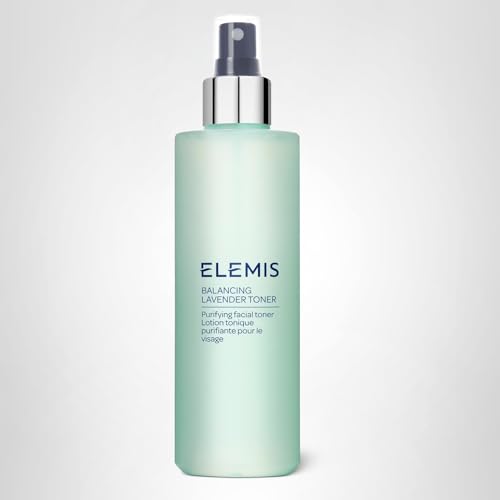 Elemis Balancing Toner packaging and lavender imagery conveys premium spa-inspired care.
