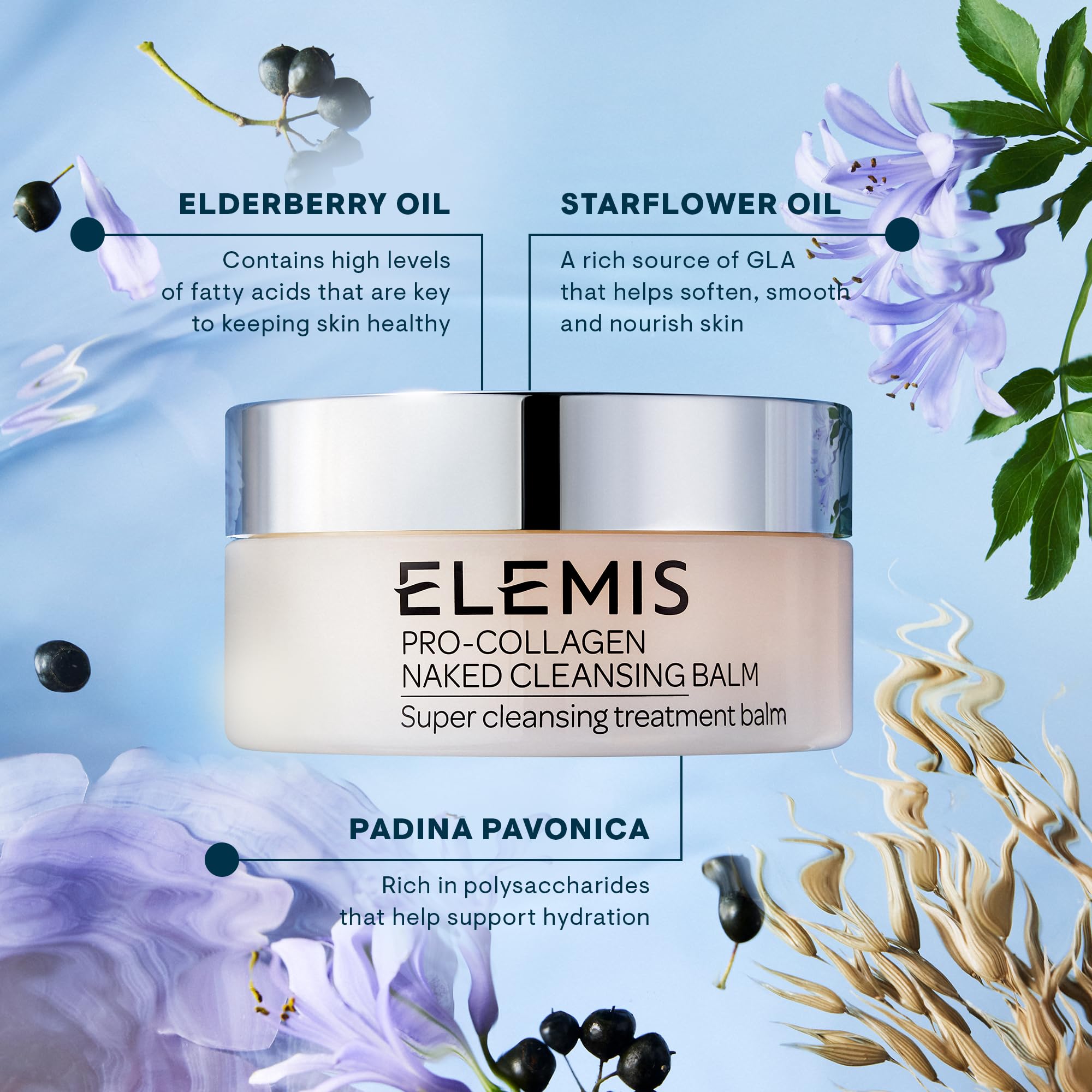 ELEMIS balm-to-milk texture closeup conveys triple-phase cleansing benefits.