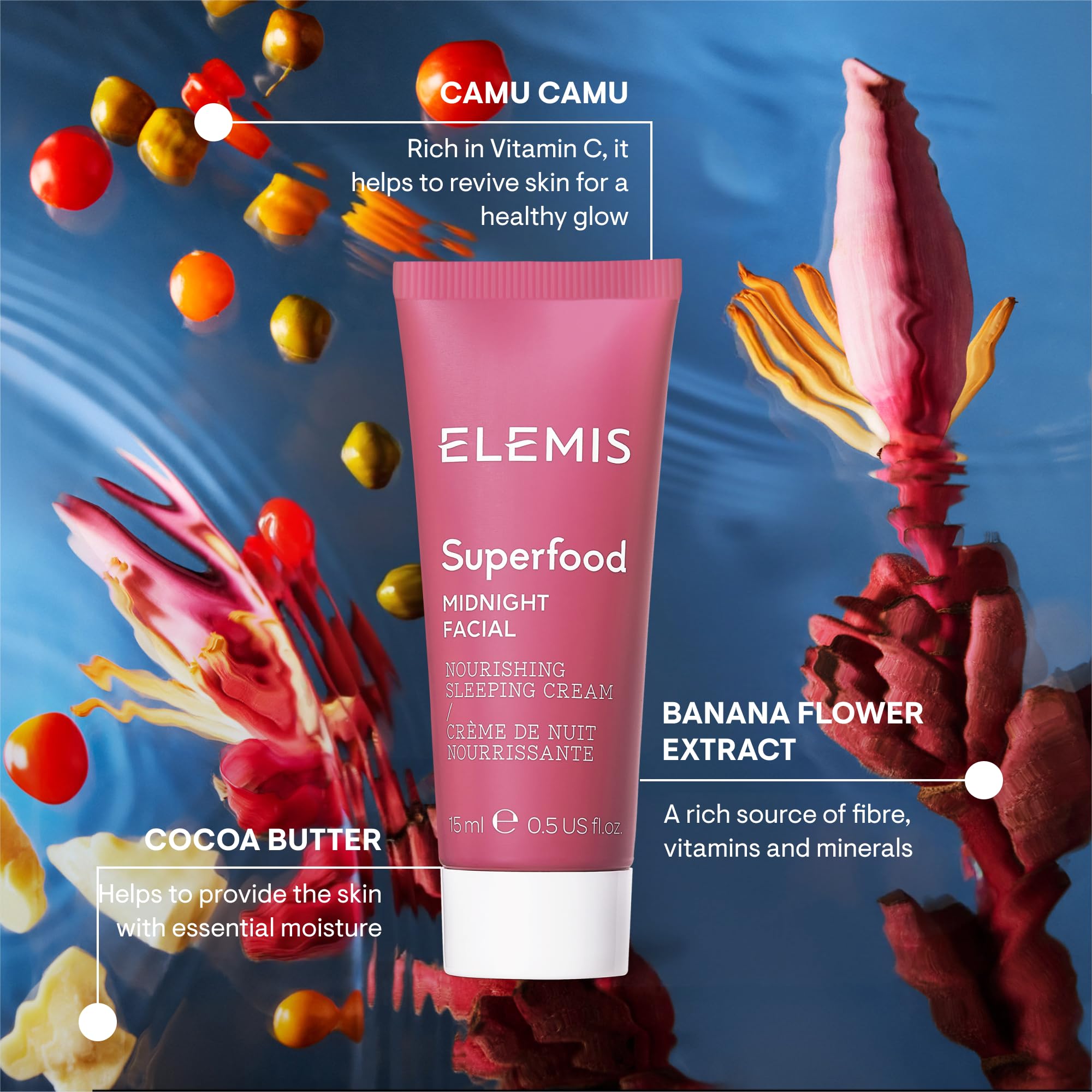 ELEMIS Camu Camu ingredient highlight with vitamin C for brighter-looking skin.