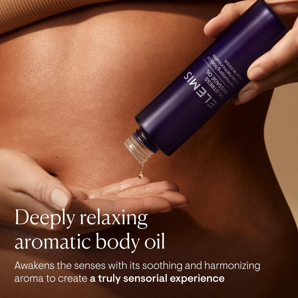 ELEMIS De-Stress Massage Oil swirl of Rosewood and Lavender for calm rituals