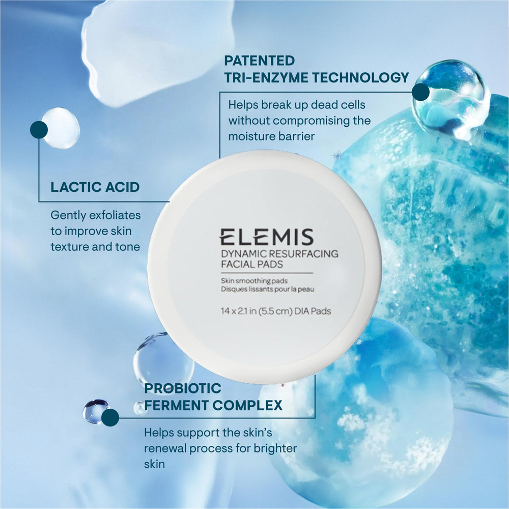 Elemis Dynamic Resurfacing Pads closeup of enzyme technology and lactic acid.
