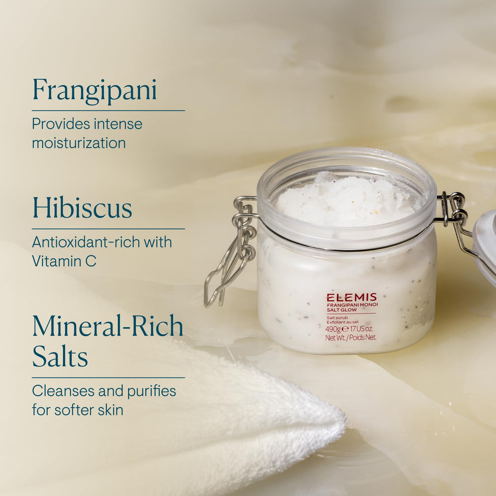 After use, ELEMIS Frangipani Monoi Salt Glow skin appears smoother and luminous.