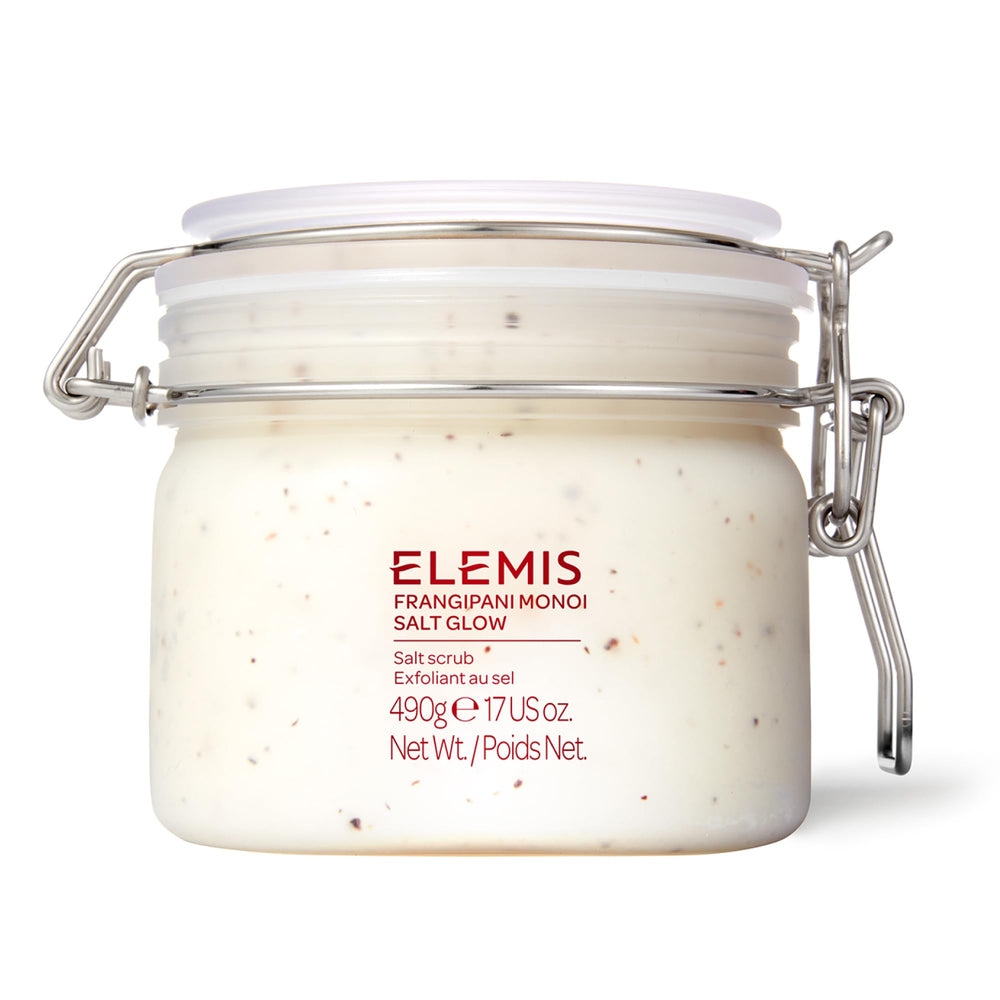 ELEMIS Frangipani Monoi Salt Glow tub—polishing exfoliation for radiant, nourished skin.