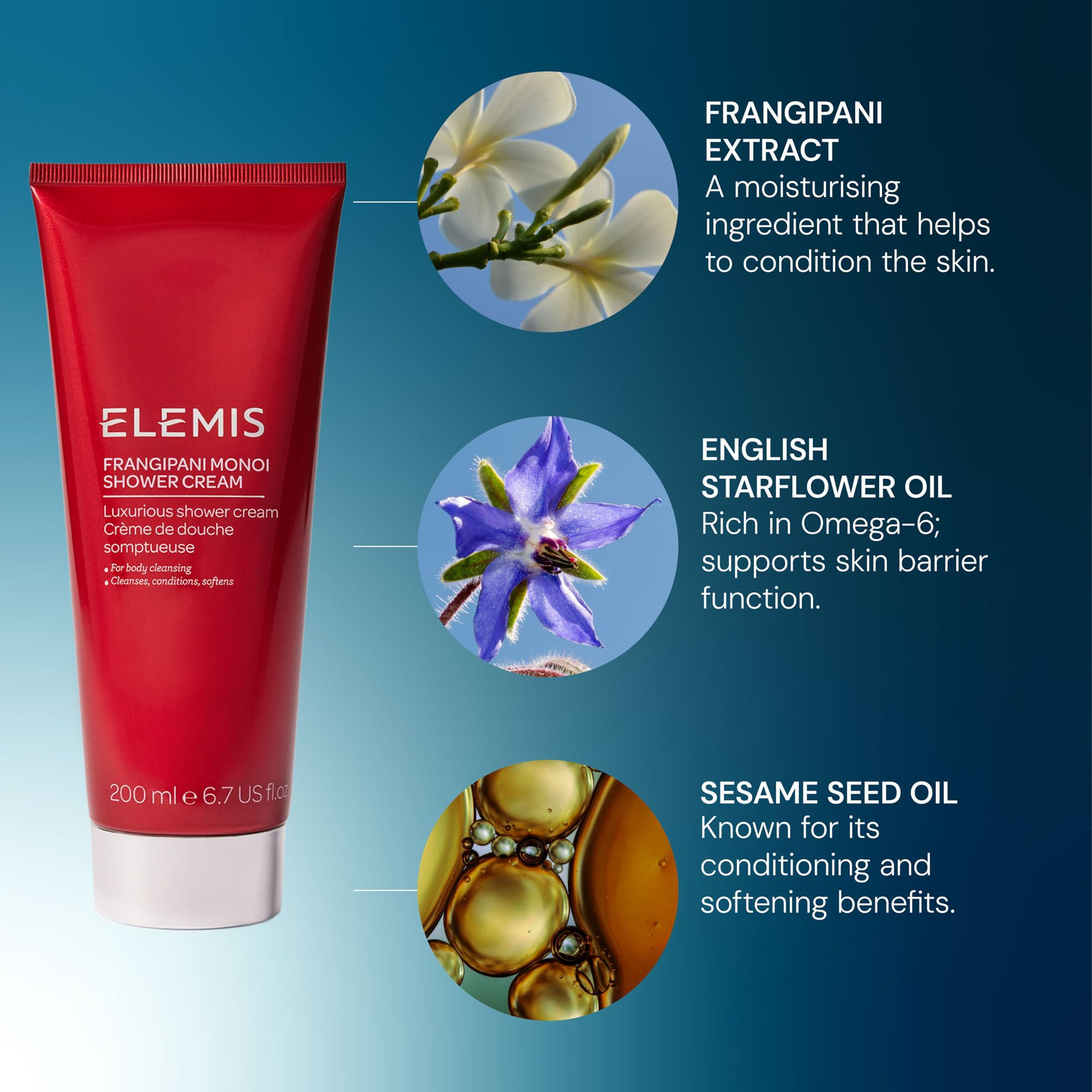 ELEMIS Frangipani Monoi shower cream spa-routine ambiance and creamy texture.