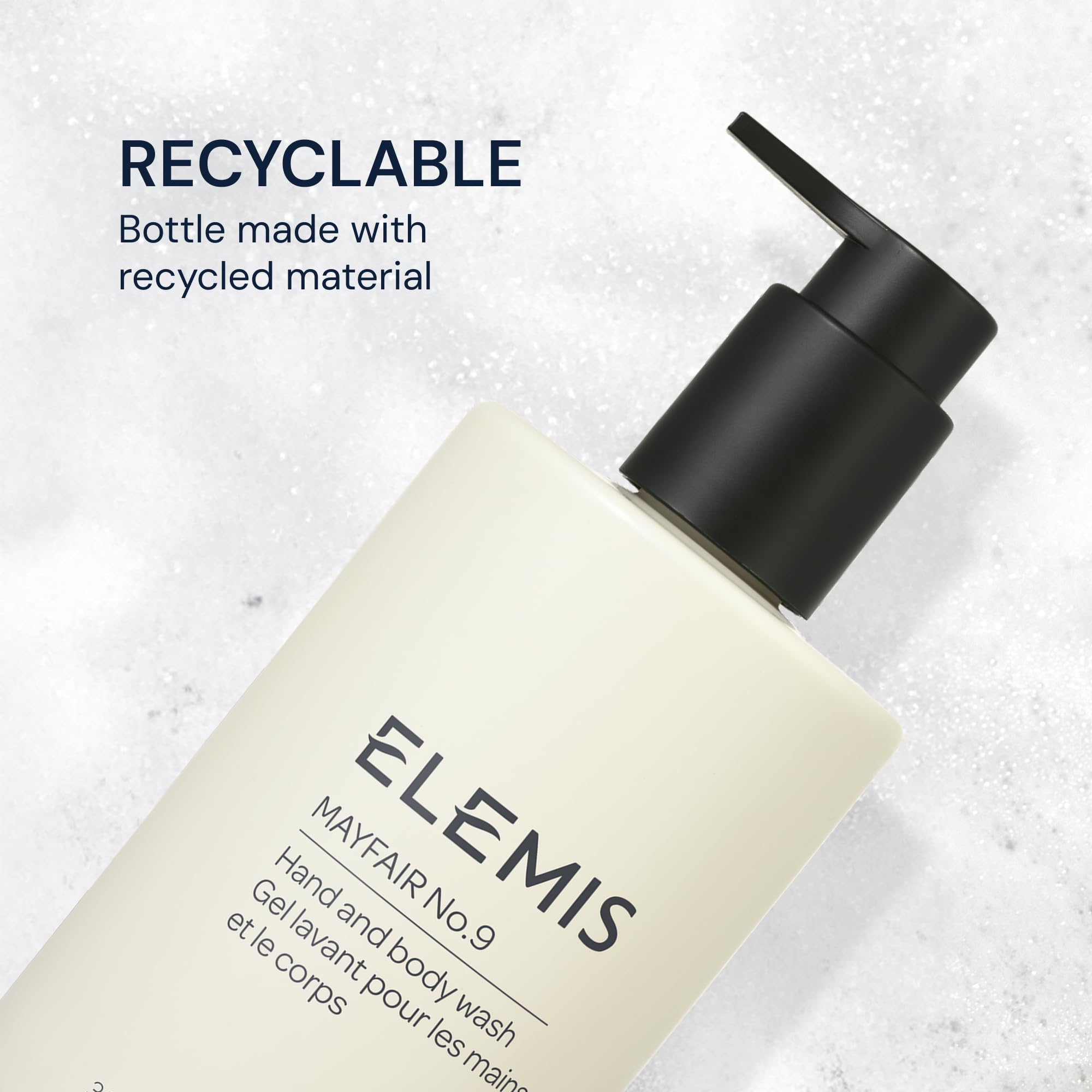 Elemis Mayfair No.9 bottle recycling symbol emphasizing recyclable packaging