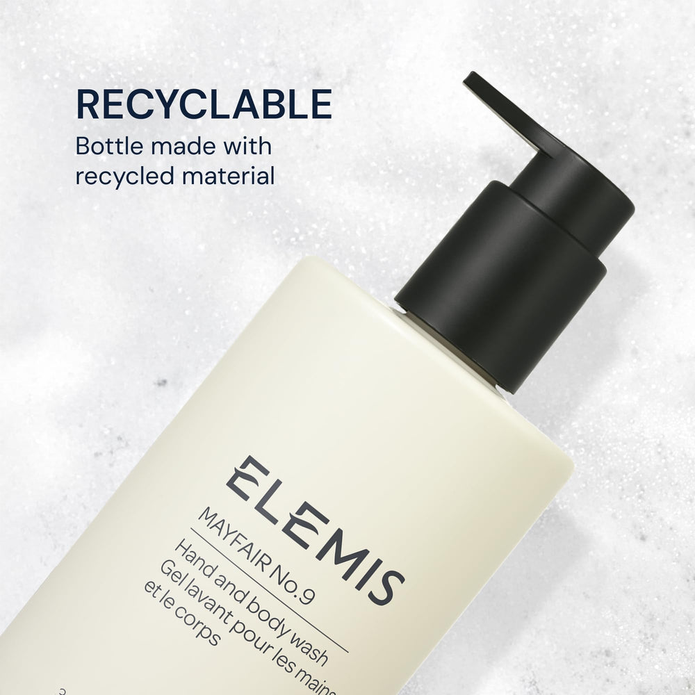 Elemis Mayfair No.9 bottle recycling symbol emphasizing recyclable packaging