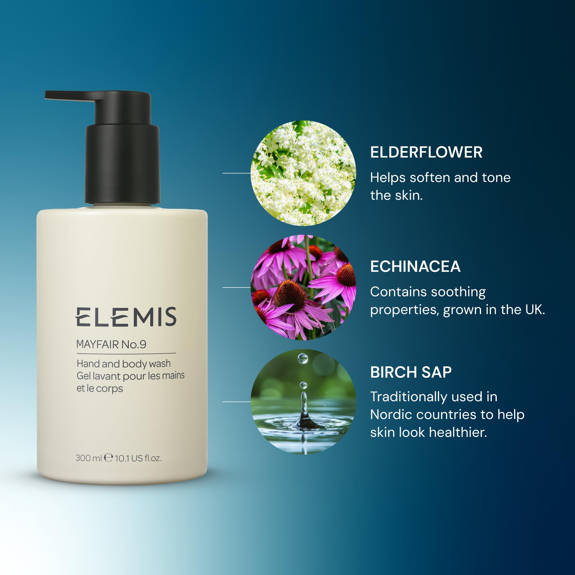 Elemis Mayfair No.9 ingredients closeup highlights biodegradable formula