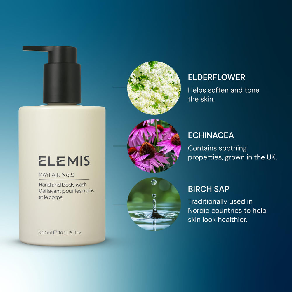 Elemis Mayfair No.9 ingredients closeup highlights biodegradable formula