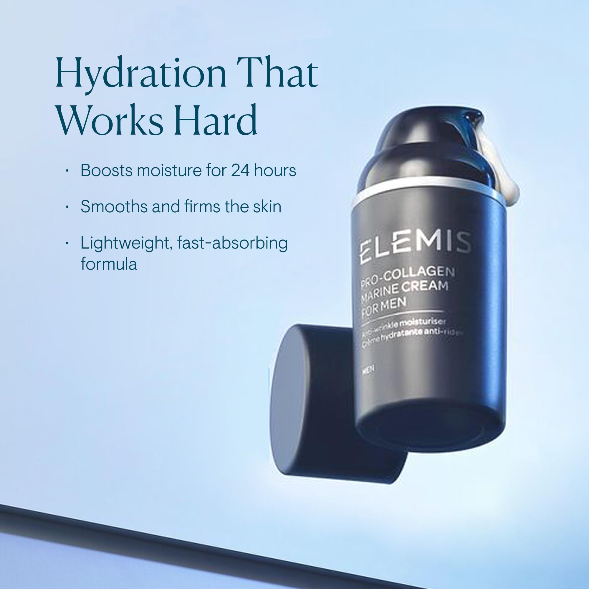 Close-up texture shot of ELEMIS cream showing lightweight, quickly absorbing formula