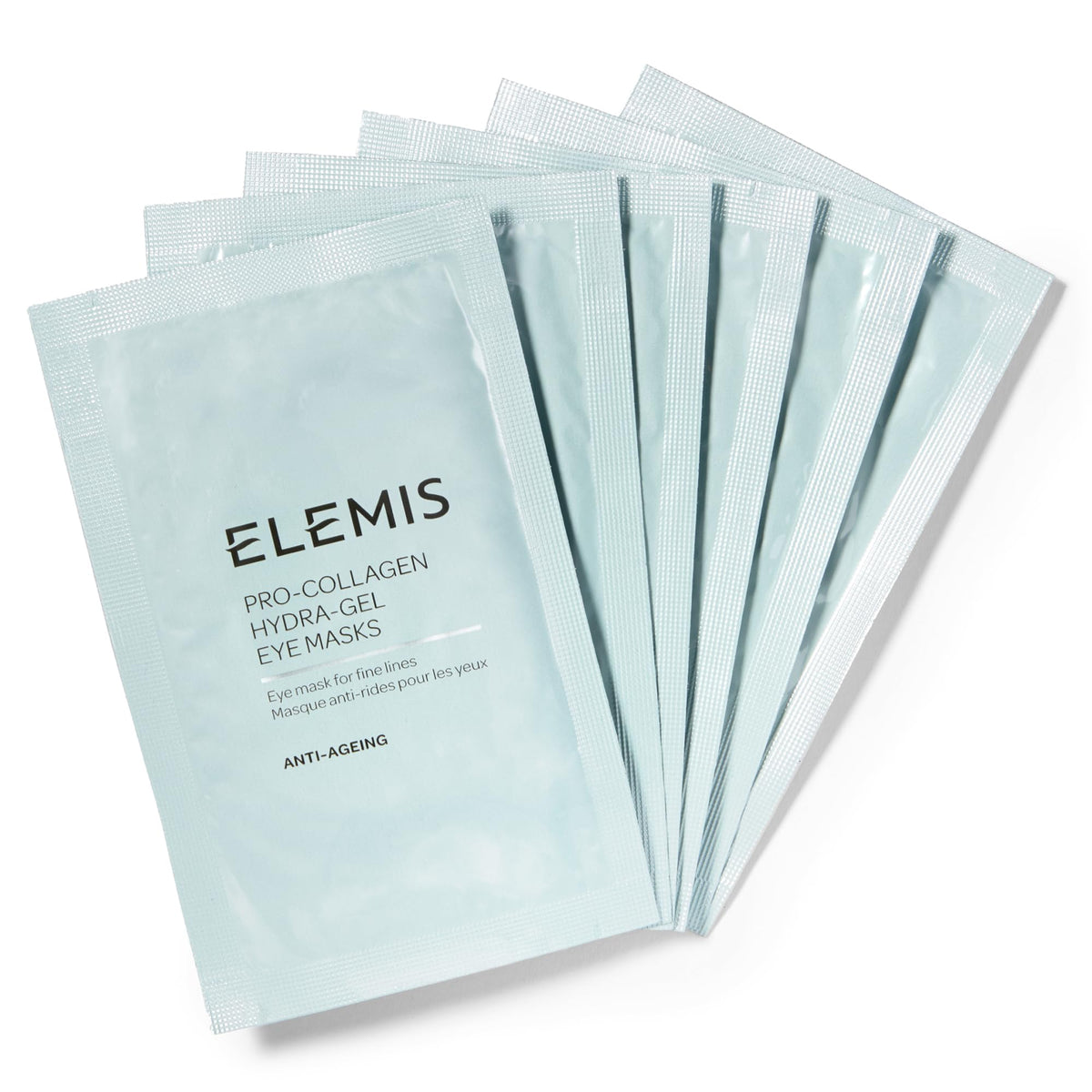ELEMIS Pro Collagen eye mask pack close-up showing hydrogel texture for instant refreshment.