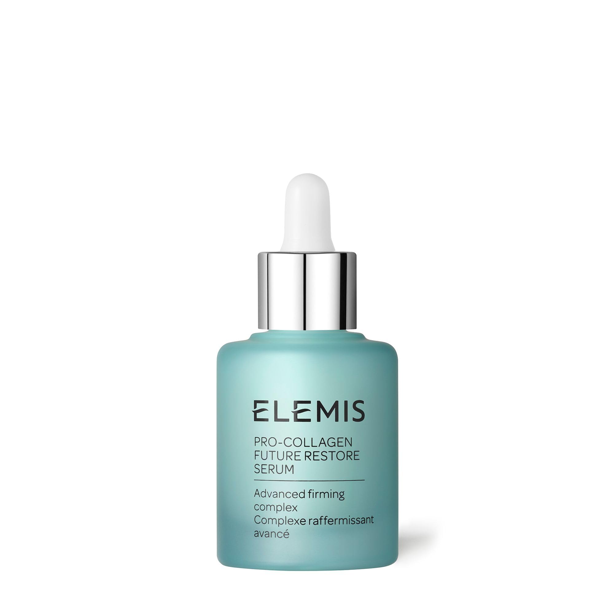 ELEMIS Pro-Collagen Future Restore Serum bottle close-up signaling premium anti-aging care
