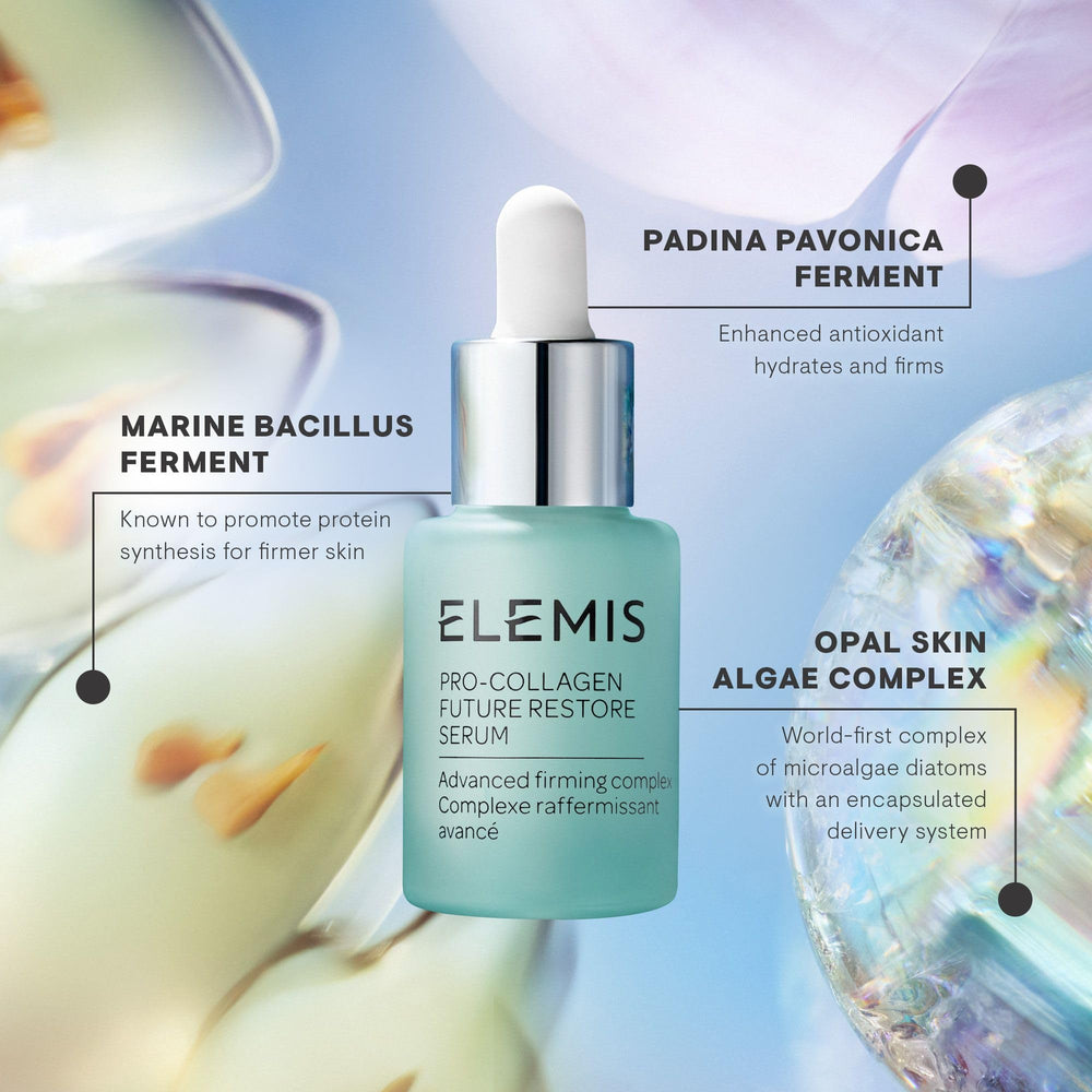 ELEMIS Pro-Collagen Future Restore Serum in-use during morning regimen for radiant skin