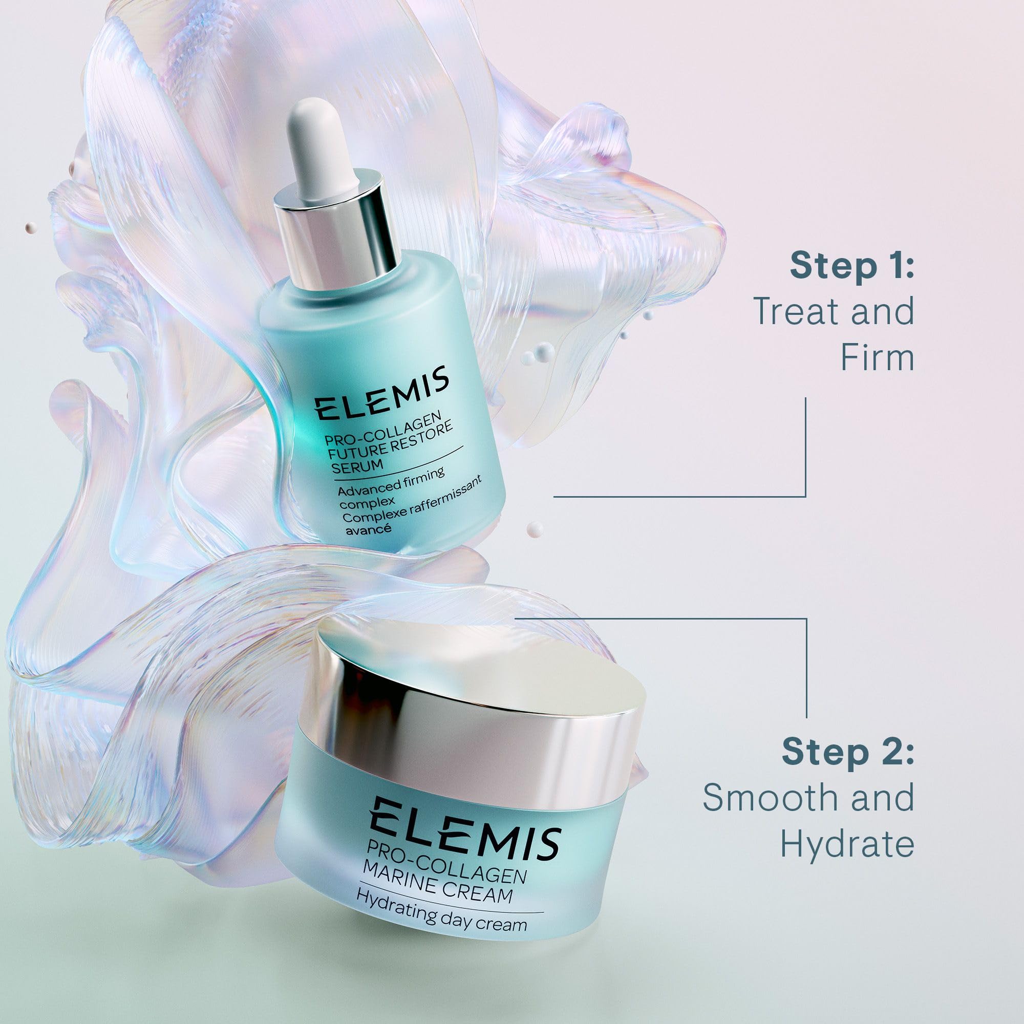 ELEMIS Pro-Collagen Future Restore Serum lux display with opalescent glow for premium feel
