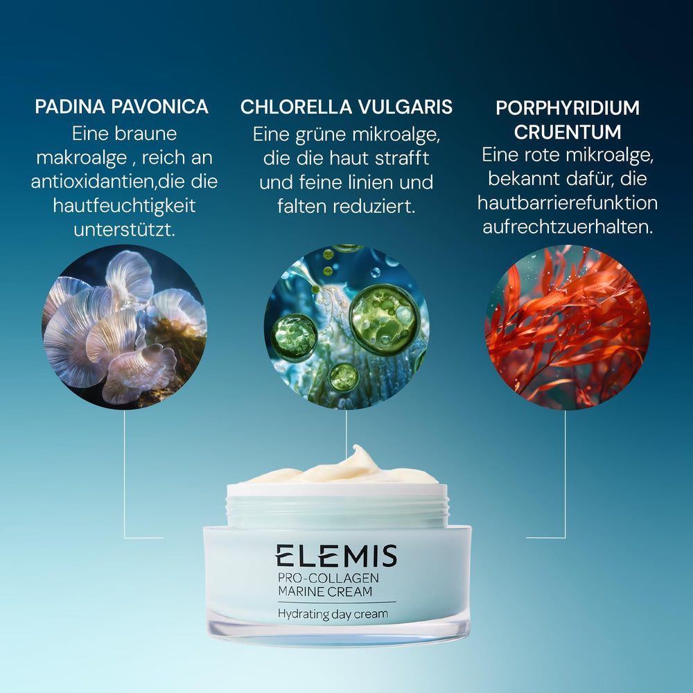 ELEMIS Pro-Collagen Marine Cream on the face suggests firmer radiant skin.