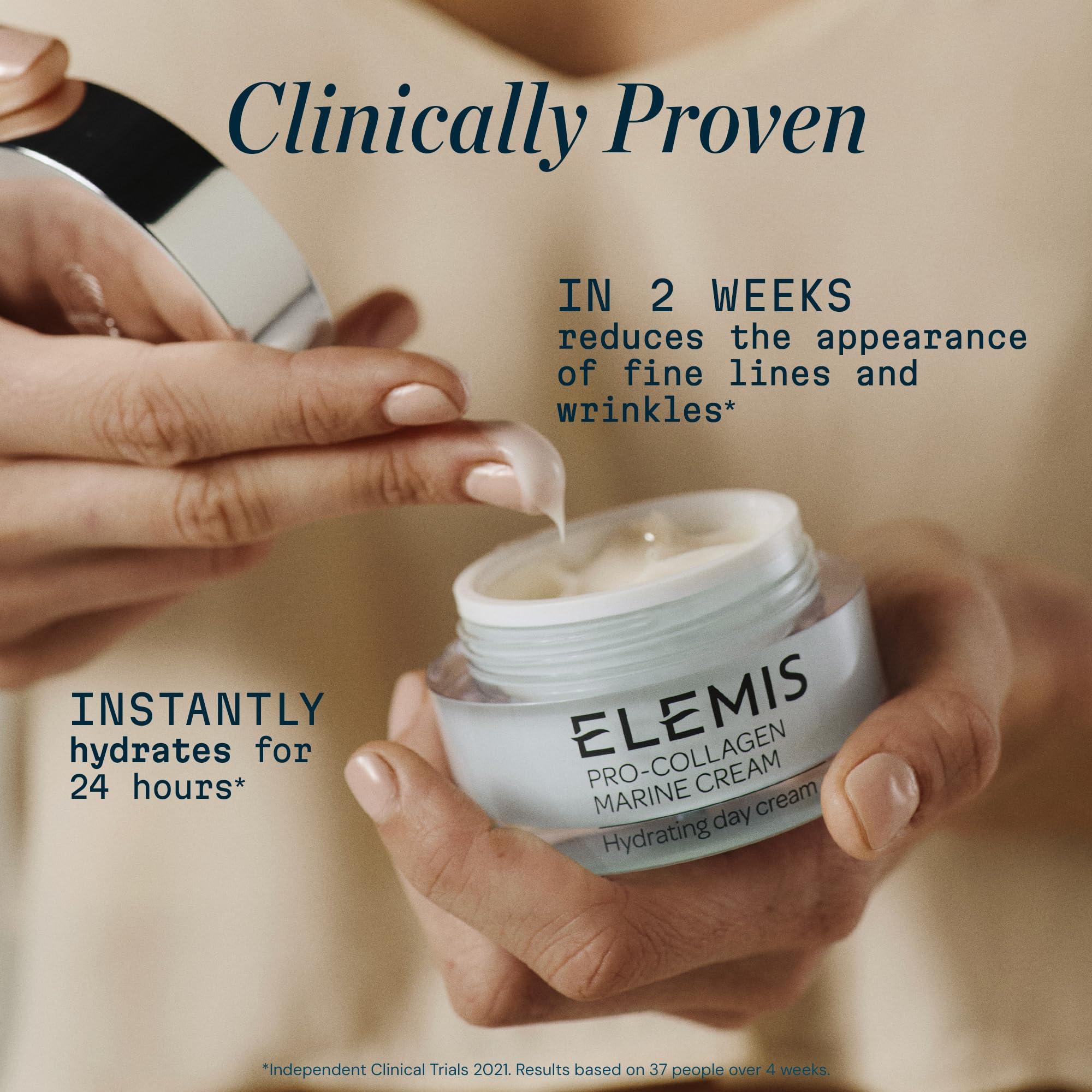ELEMIS Pro-Collagen Marine Cream hand application image shows quick absorption and daily use.