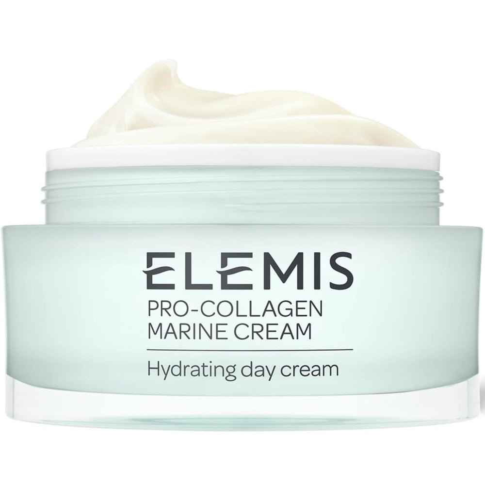 ELEMIS Pro-Collagen Marine Cream jar shows rich hydration for dry skin.