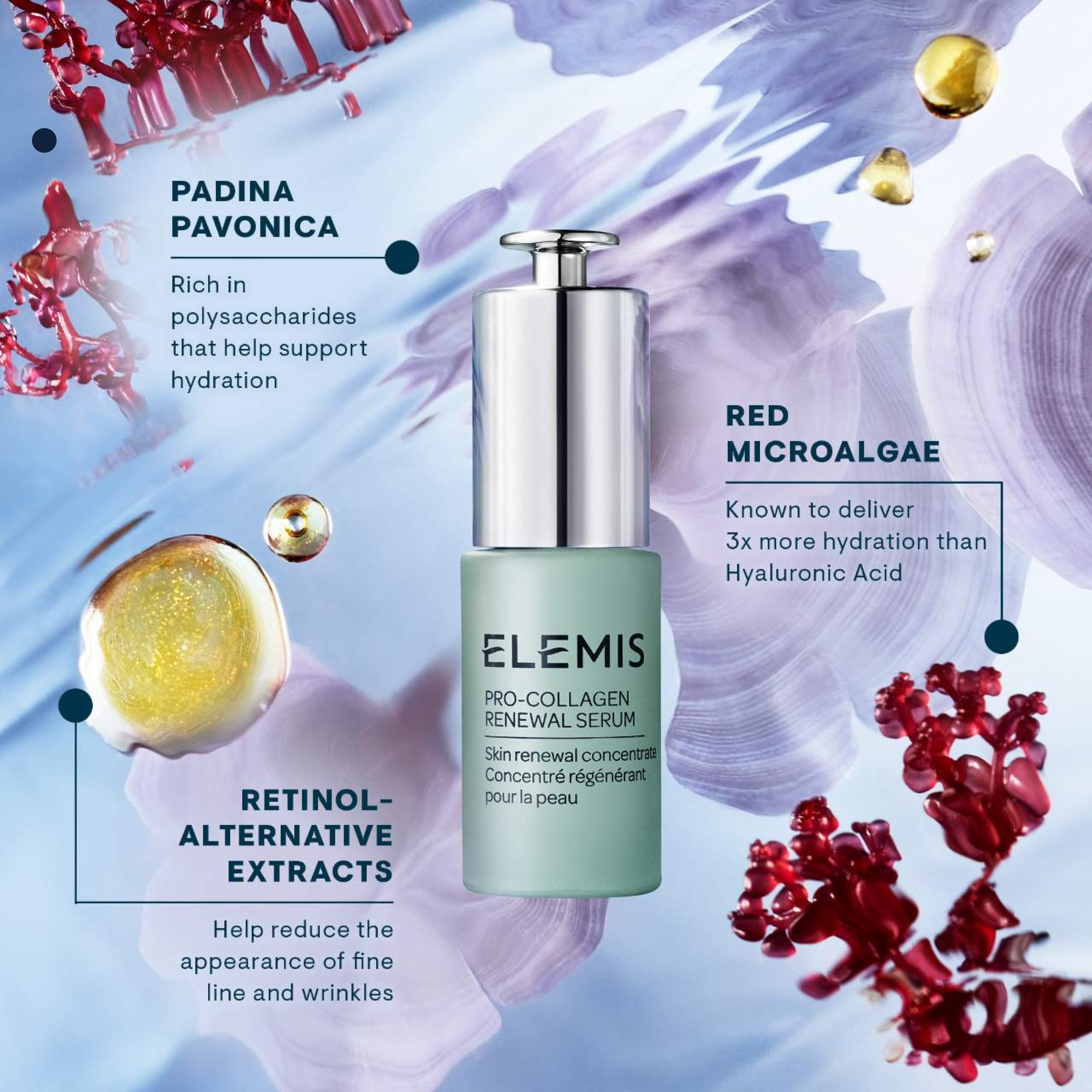 ELEMIS Pro-Collagen Renewal Serum 15ml luminous skin after use suggests improved clarity.