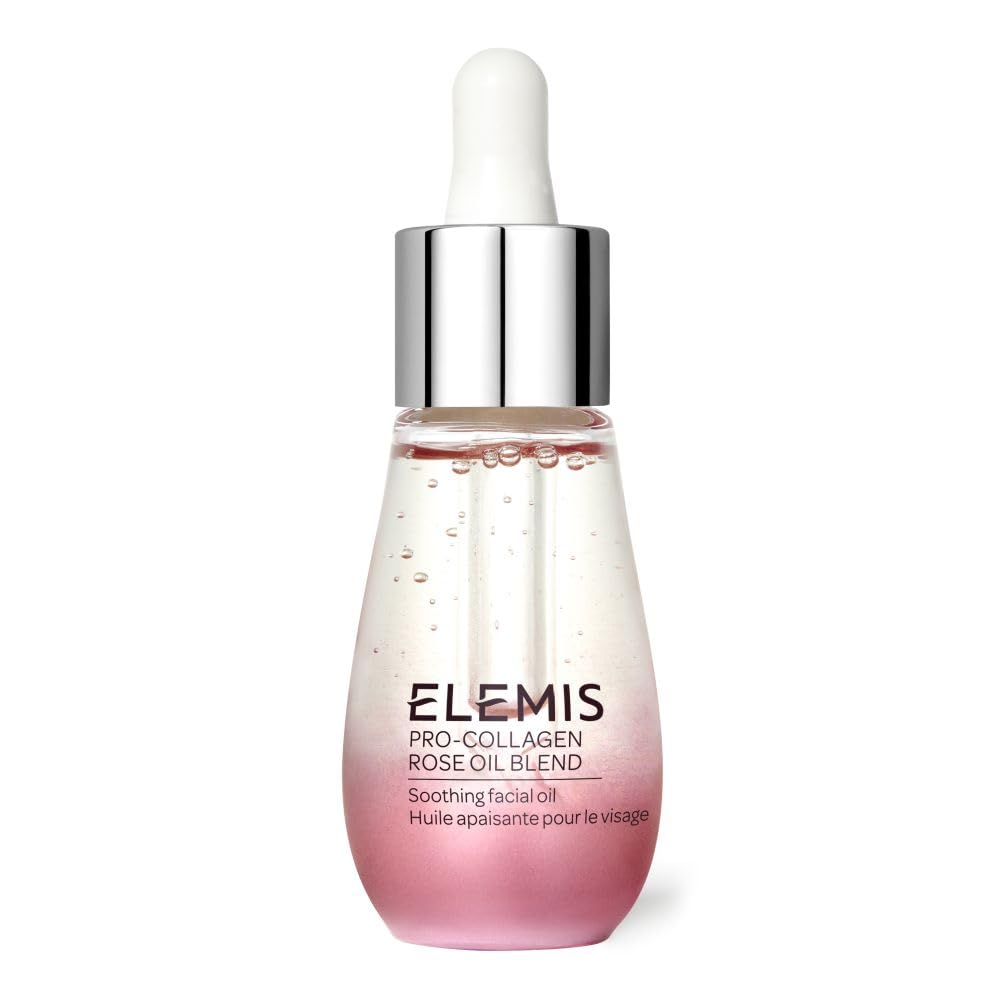 ELEMIS Pro-Collagen Rose Facial Oil bottle glows with luxe hydration and rose infusions.