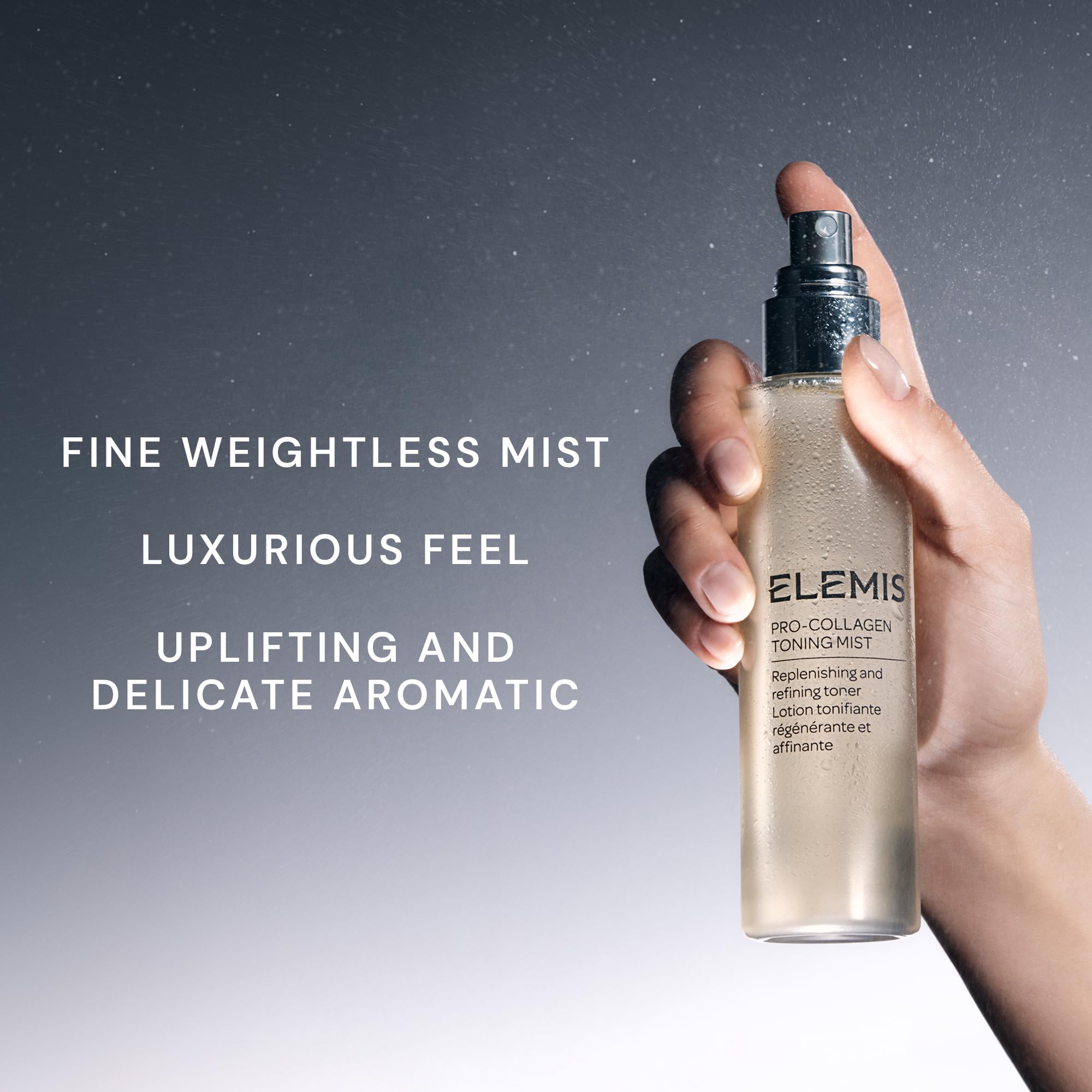 ELEMIS Pro-Collagen Toning Mist close-up on skin showing dewy hydration.