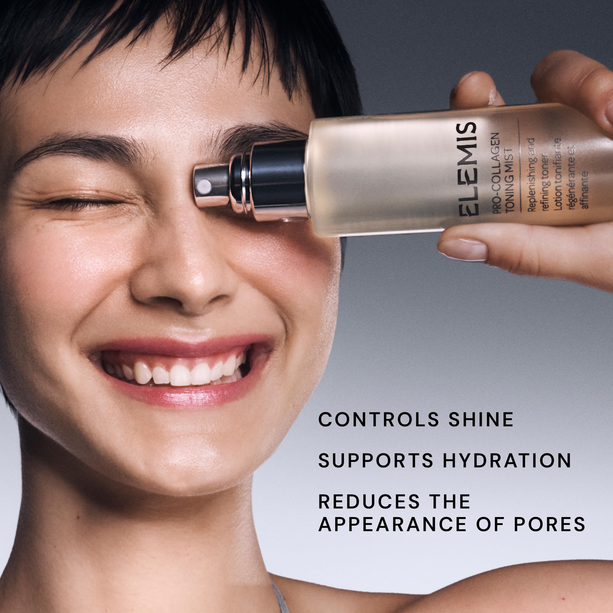 ELEMIS Pro-Collagen Toning Mist application on skin with cotton pad for tone.