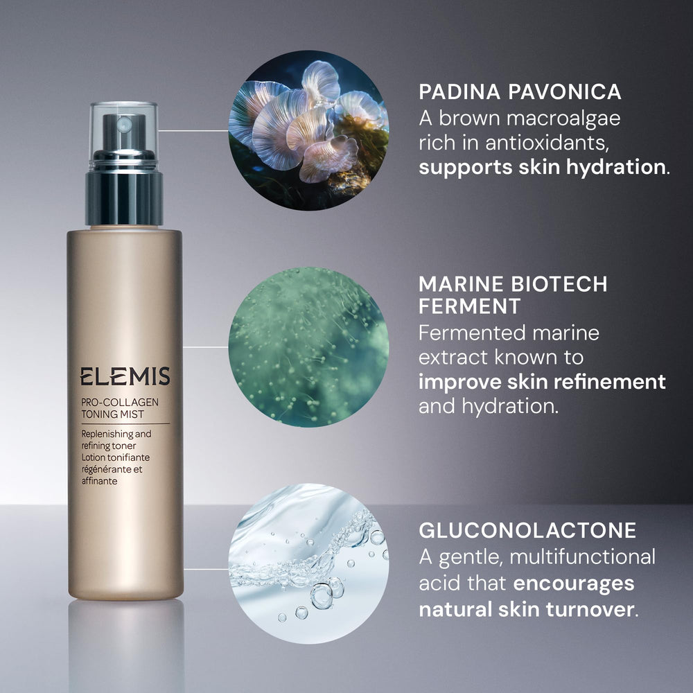 ELEMIS Pro-Collagen Toning Mist Gluconolactone promotes gentle renewal for softness.