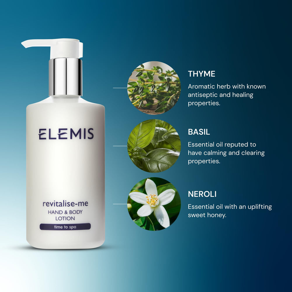 ELEMIS Revitalise-Me Hand & Body Lotion texture swirl shows rich cream for lasting moisture.