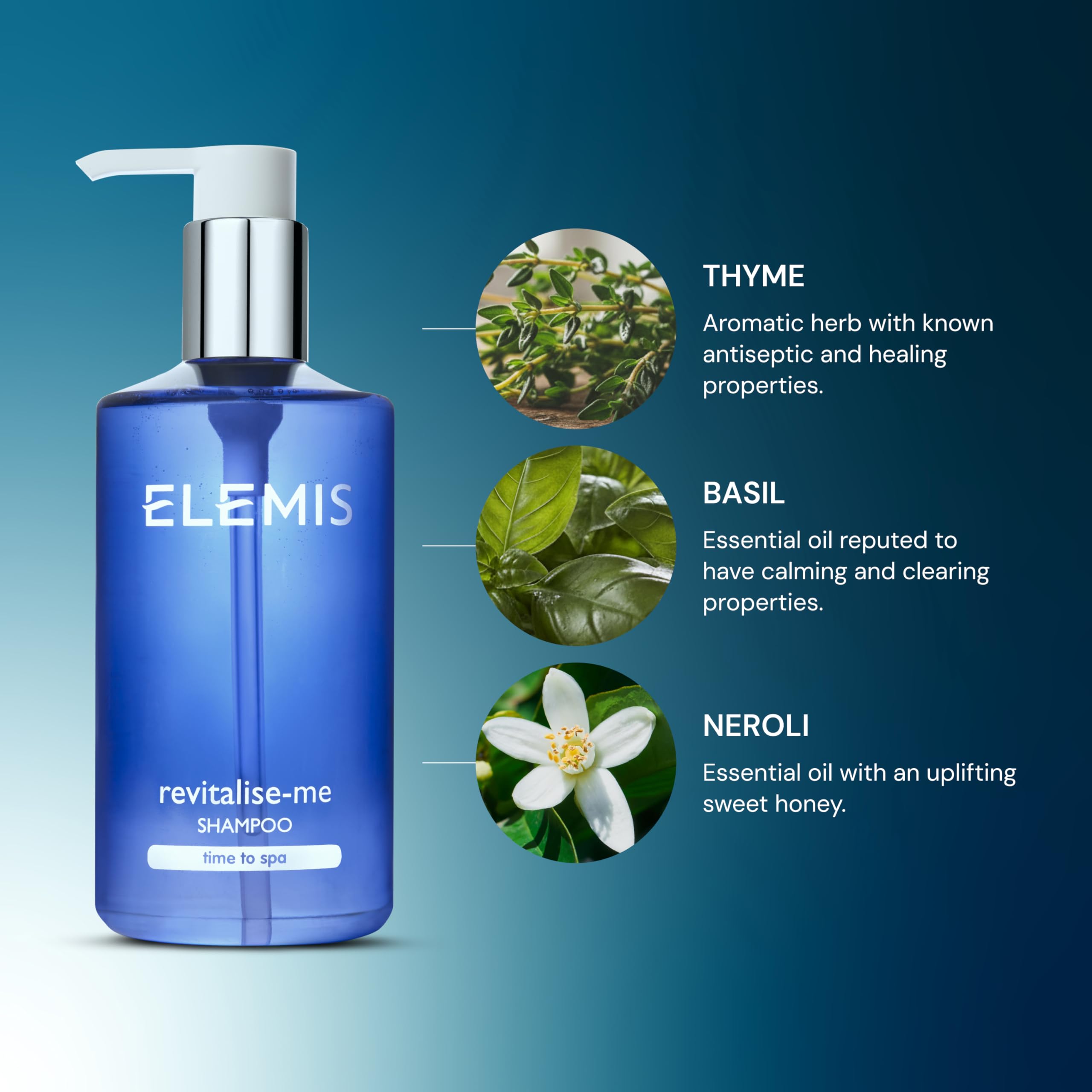 ELEMIS Revitalize-Me Shampoo pump close-up shows easy dispensing for quick showers