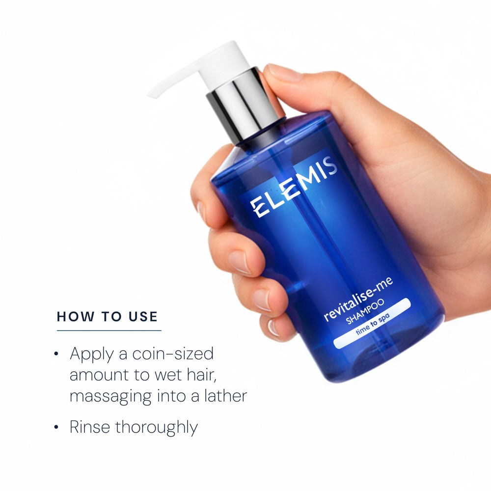 ELEMIS Revitalize-Me Shampoo bottle displayed on bathroom shelf for premium care