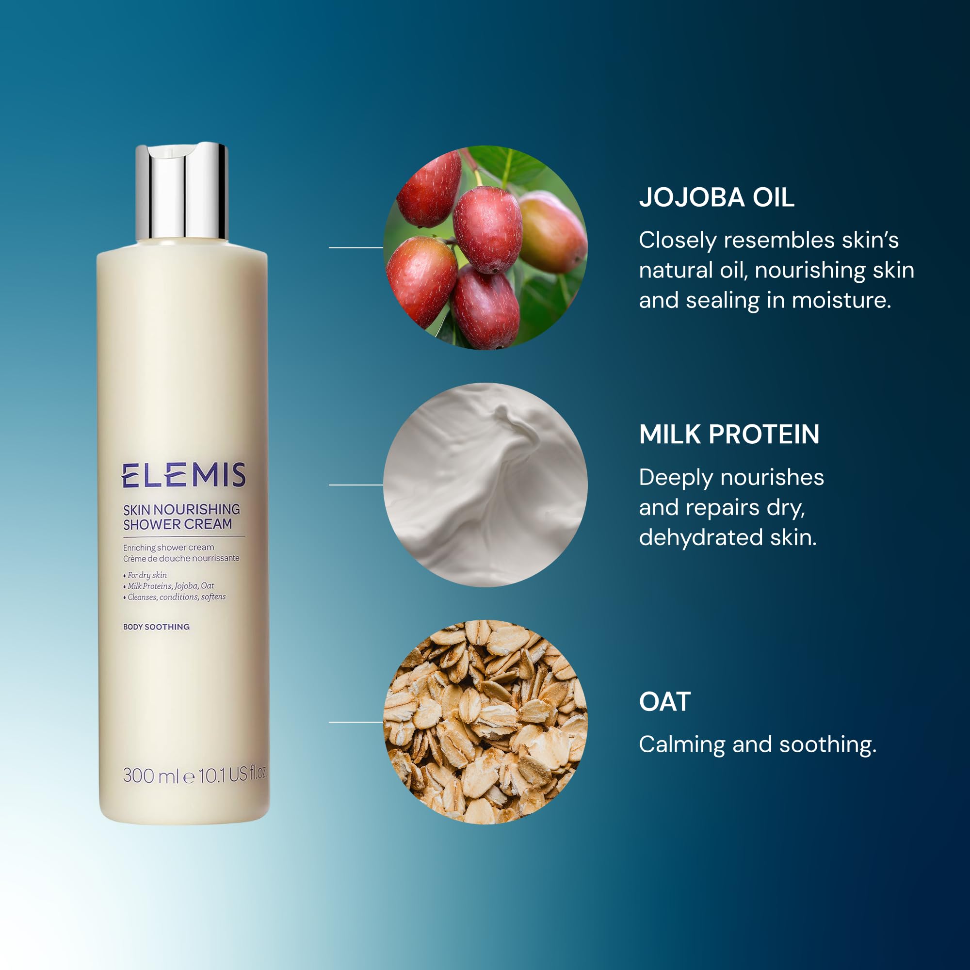Elemis Skin Nourishing Shower Cream pump demonstrates easy mess-free application.