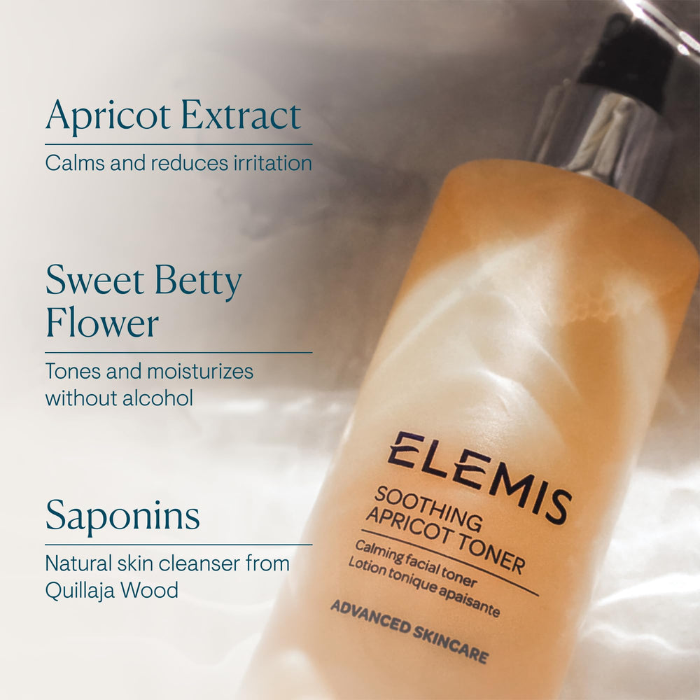 ELEMIS Soothing Apricot Toner eyelid cleanser-use showcases delicate skin care routine