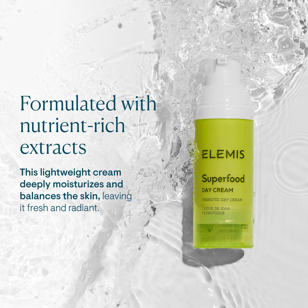 ELEMIS Superfood Day Cream packaging artwork emphasizes natural ingredients and premium skincare.