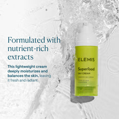 ELEMIS Superfood Day Cream packaging artwork emphasizes natural ingredients and premium skincare.