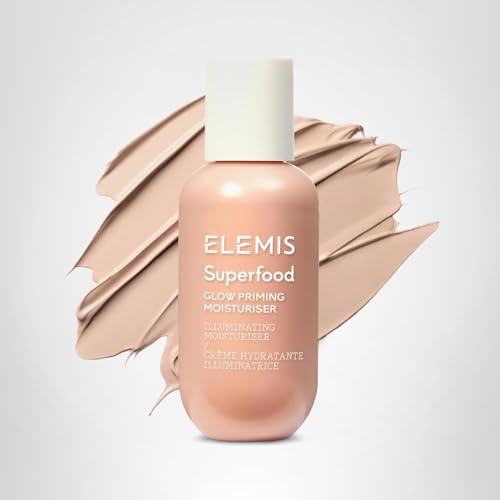 ELEMIS Superfood Glow Priming Moisturizer packaging closeup conveys premium skincare experience