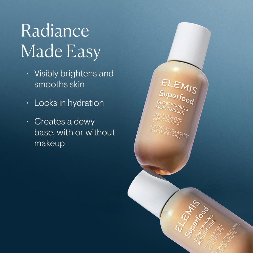ELEMIS Superfood Glow Priming Moisturizer tube reveals creamy texture ideal for daily hydration