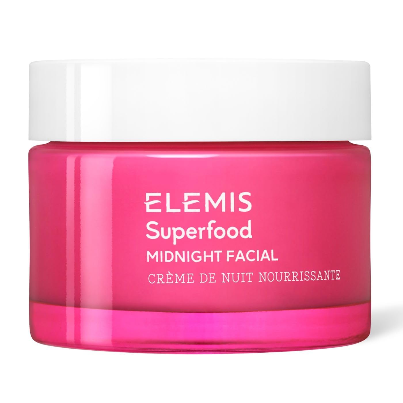 ELEMIS Superfood Midnight Facial bottle close-up shows hydrating night cream benefits.