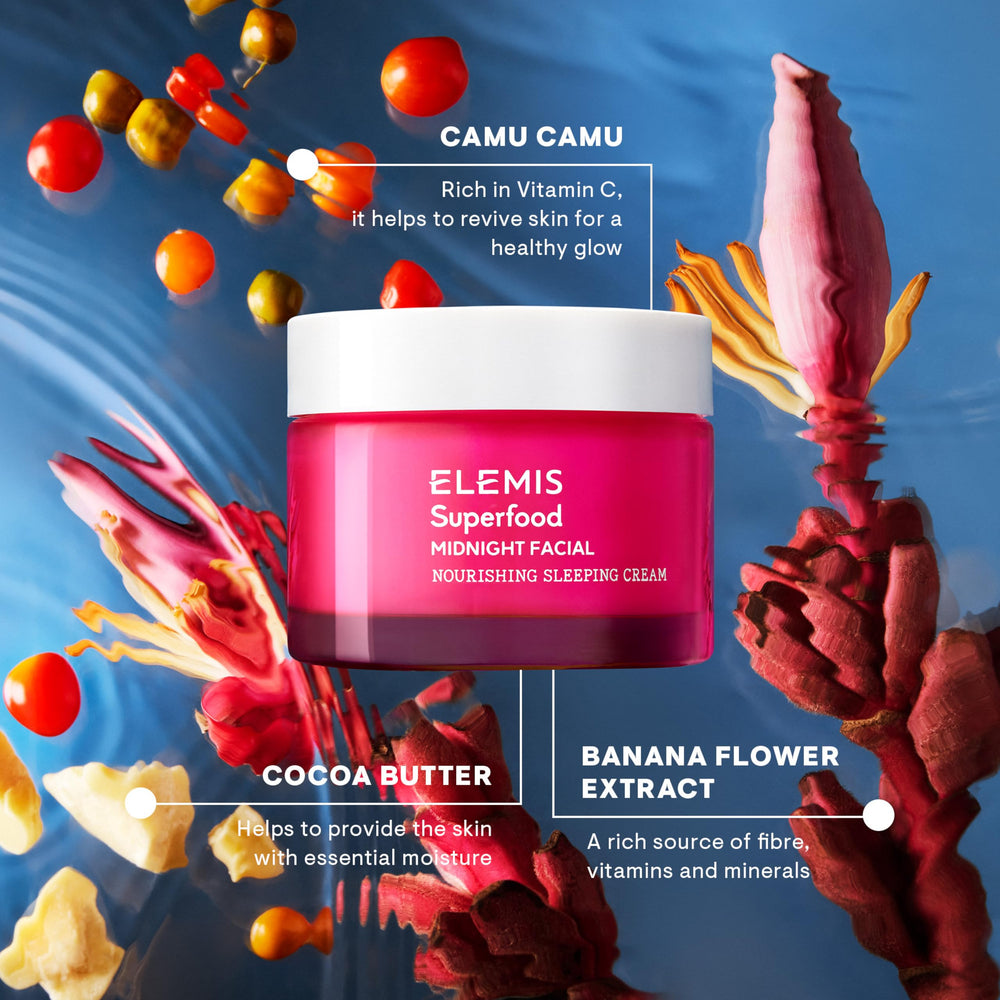 ELEMIS Superfood Midnight Facial cocoa butter swirl emphasizes nourishing omega-rich night care.