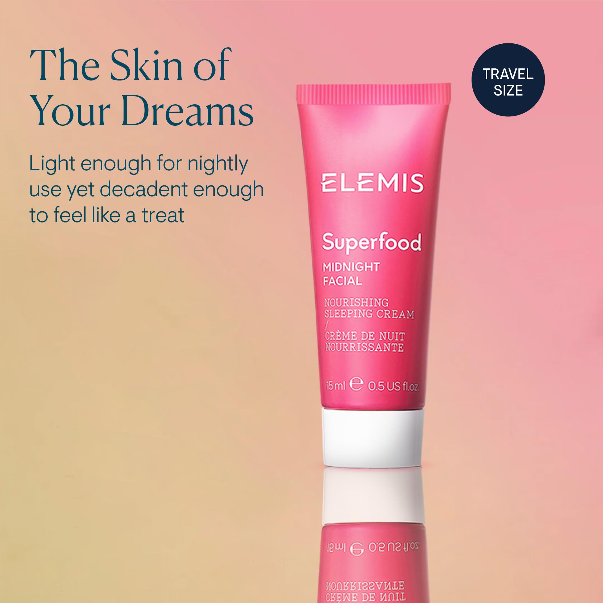 ELEMIS Superfood Midnight Facial jar label emphasizes vitamin C-rich camu camu infusion.