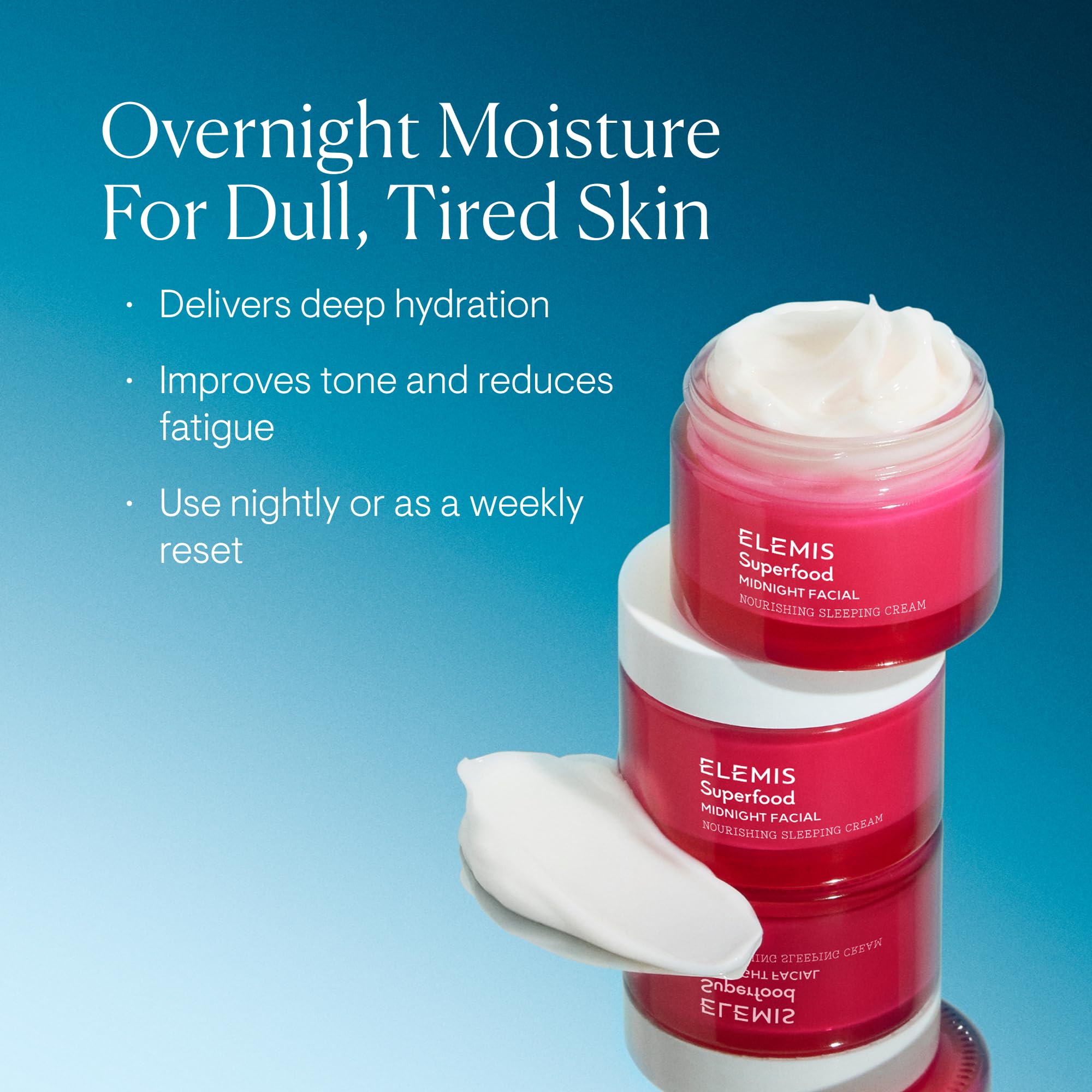 ELEMIS Superfood Midnight Facial jar lid close-up highlights rich formula and soothing texture.