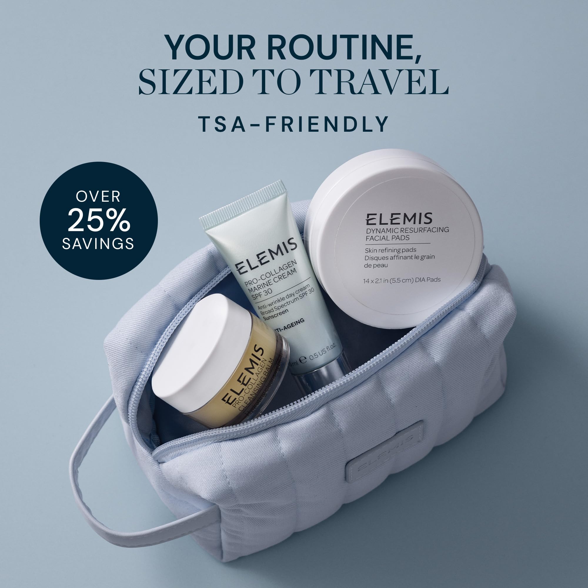 Elemis Travel Kit Flatlay showcasing on-the-go skincare in a premium set